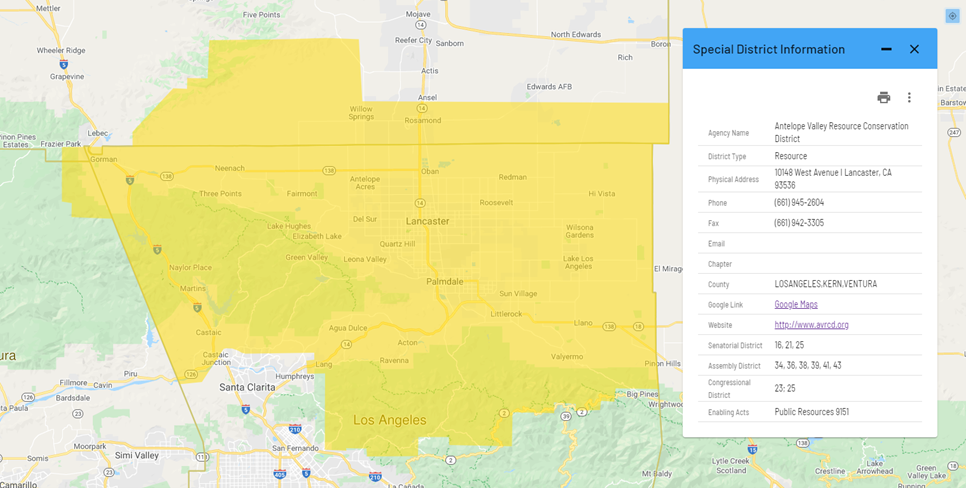 Map highlighting Antelope Valley Resource Conservation District area with district information panel.