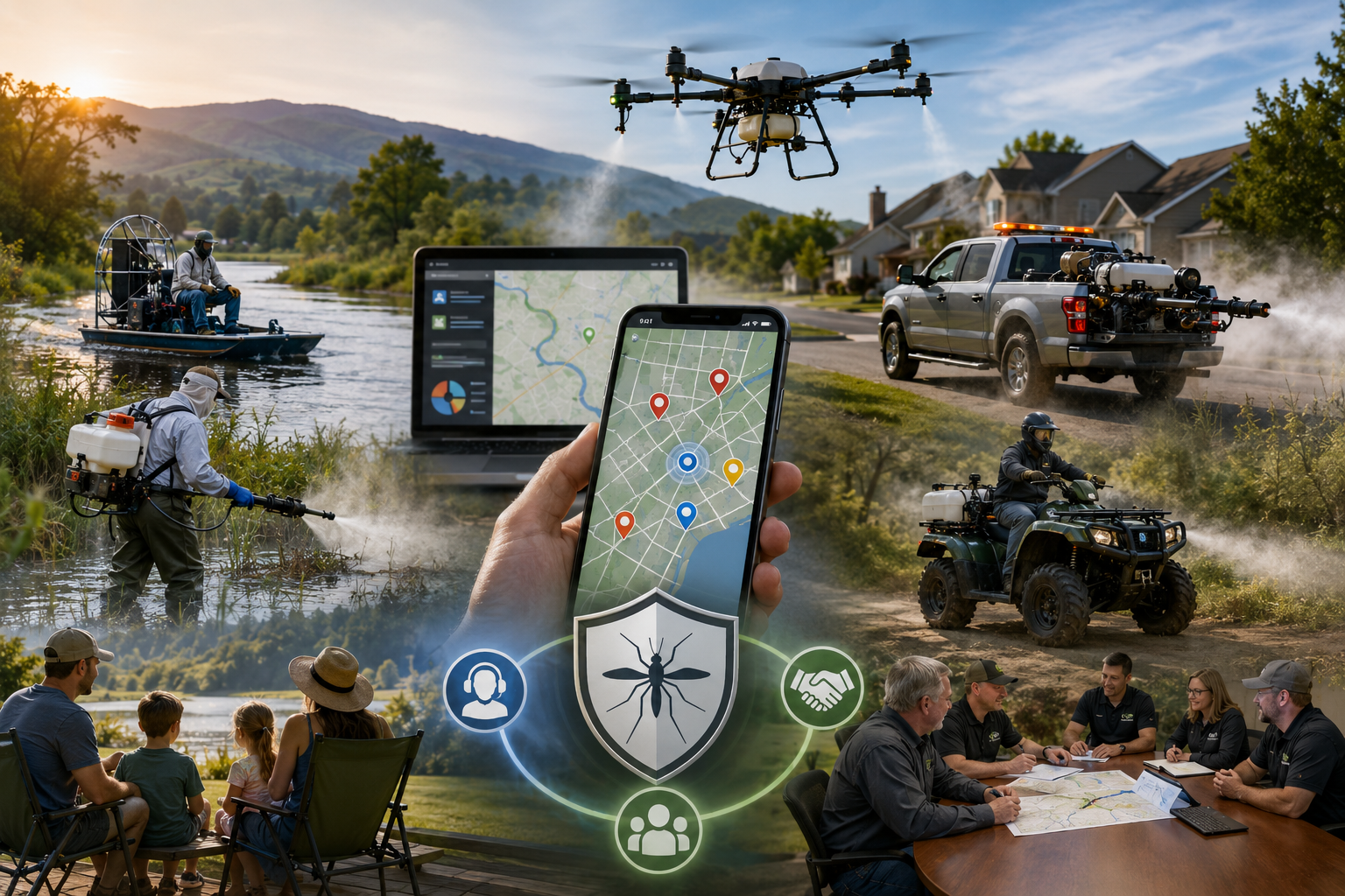 The image showcases pest control efforts using technology, featuring a drone, mobile app, and various treatment methods on land and water.