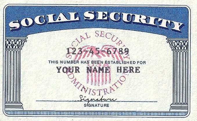 A sample Social Security card with placeholder text for SSN and name.
