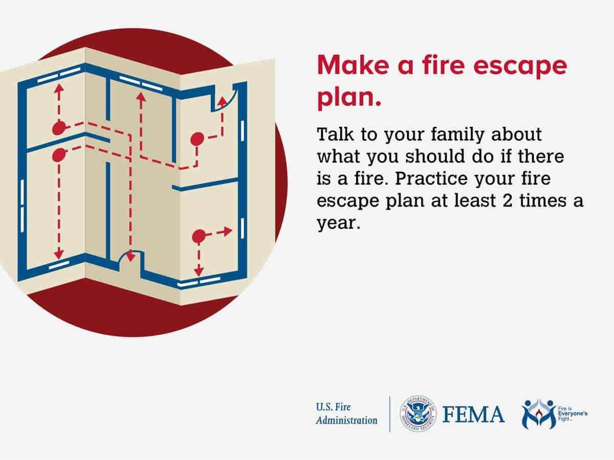An infographic urging to make and practice a fire escape plan at least twice a year, with a floor plan and escape routes.