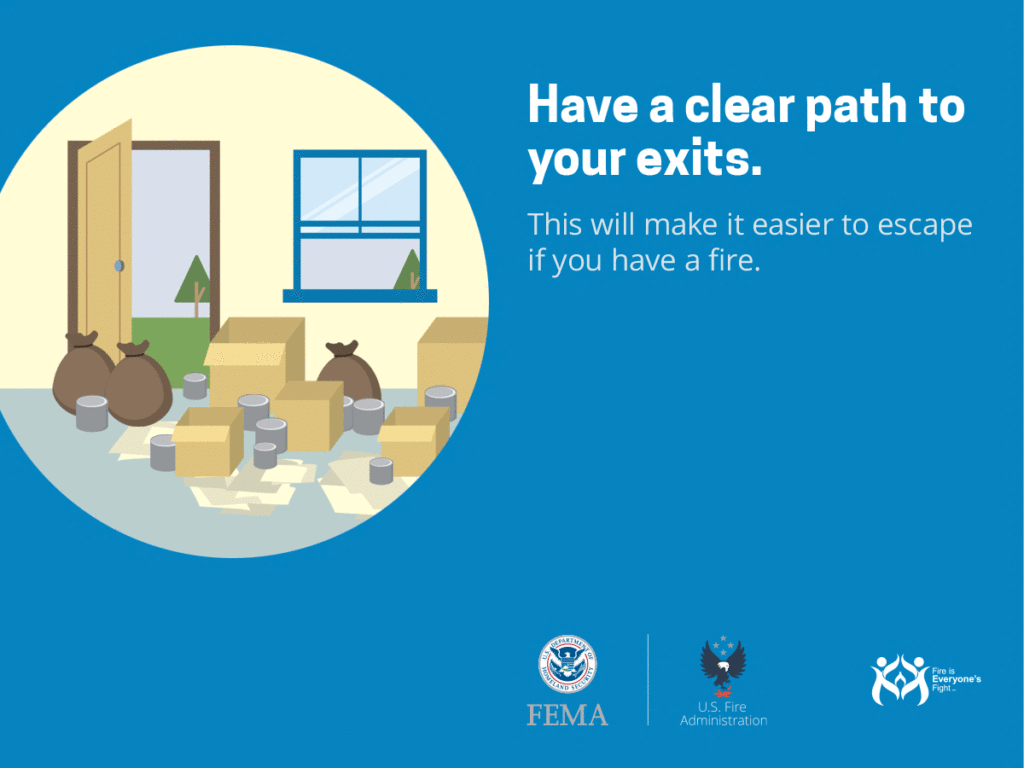 Illustration: Cluttered room with message urging to keep exits clear for safe escape in case of fire. #FireSafety #ClearPath