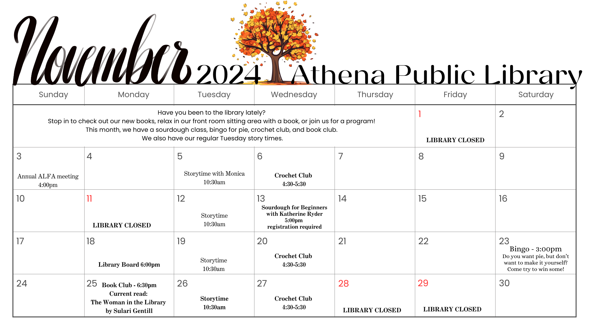 November 2024 calendar for Athena Public Library with events like storytime, crochet club, and book club.