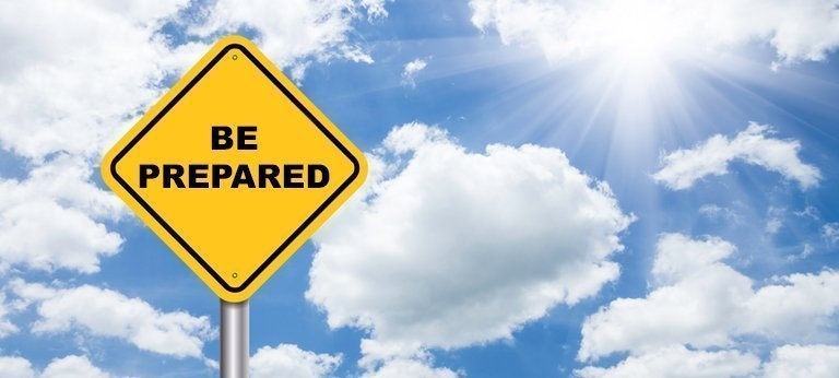 A yellow warning sign that says "BE PREPARED" against a backdrop of blue skies and fluffy clouds.