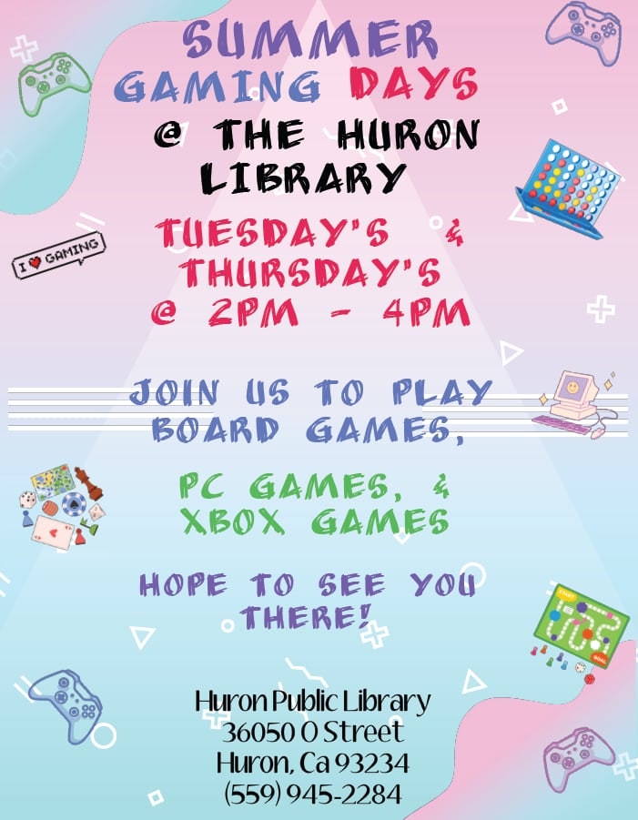 Summer Gaming Days at Huron Library, Tuesdays & Thursdays 2-4 PM. Board games, PC games, Xbox games.