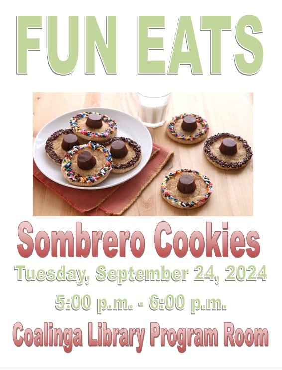 A flyer for a "Sombrero Cookies" event at a library program room featuring cookies decorated as sombreros.