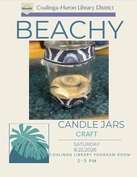The image promotes a "Beachy Candle Jars" craft event on 8.22.2026 at Coalinga Library, from 2-3 PM.