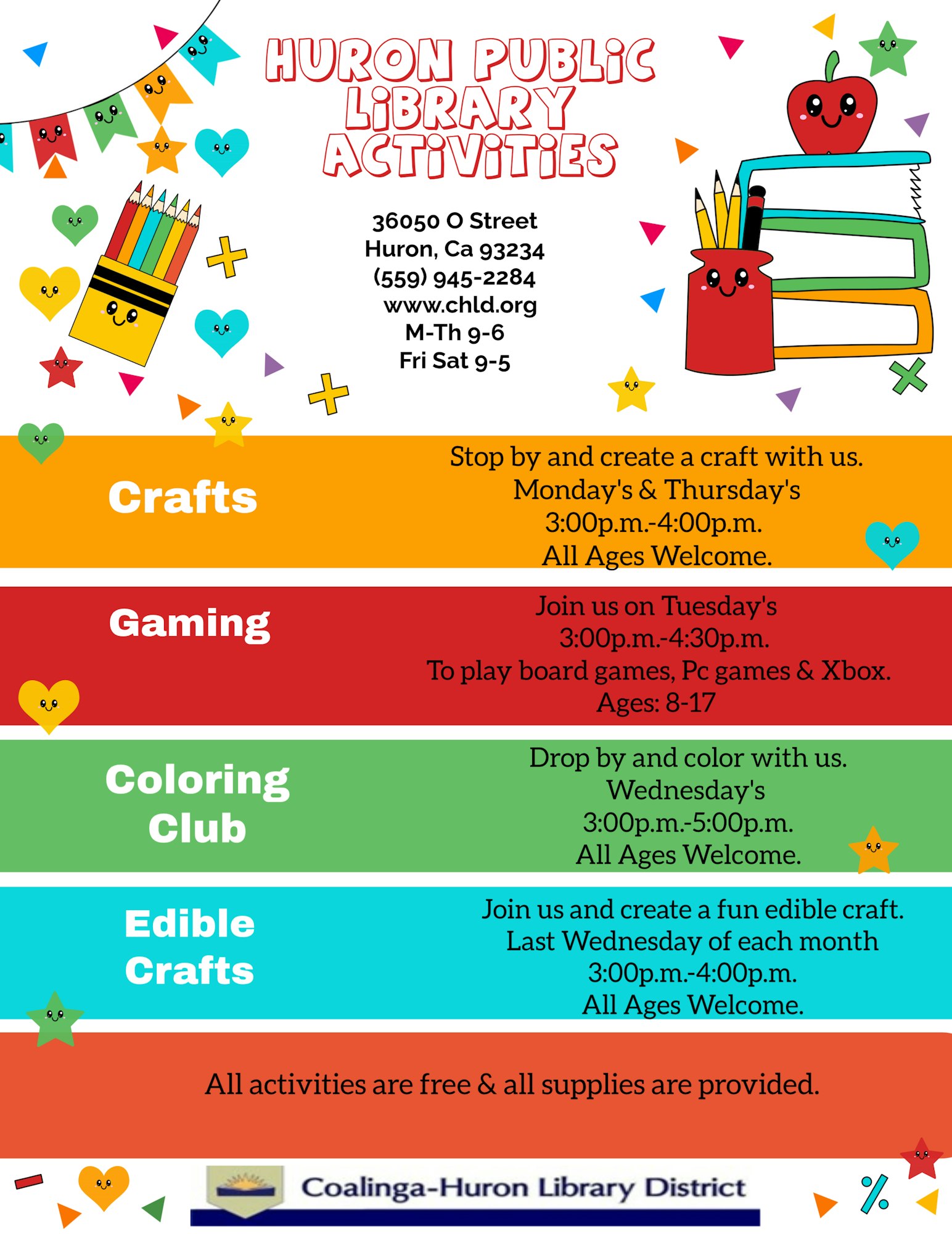 Huron Public Library offers craft, gaming, coloring, and edible activities for all ages. Free supplies provided.