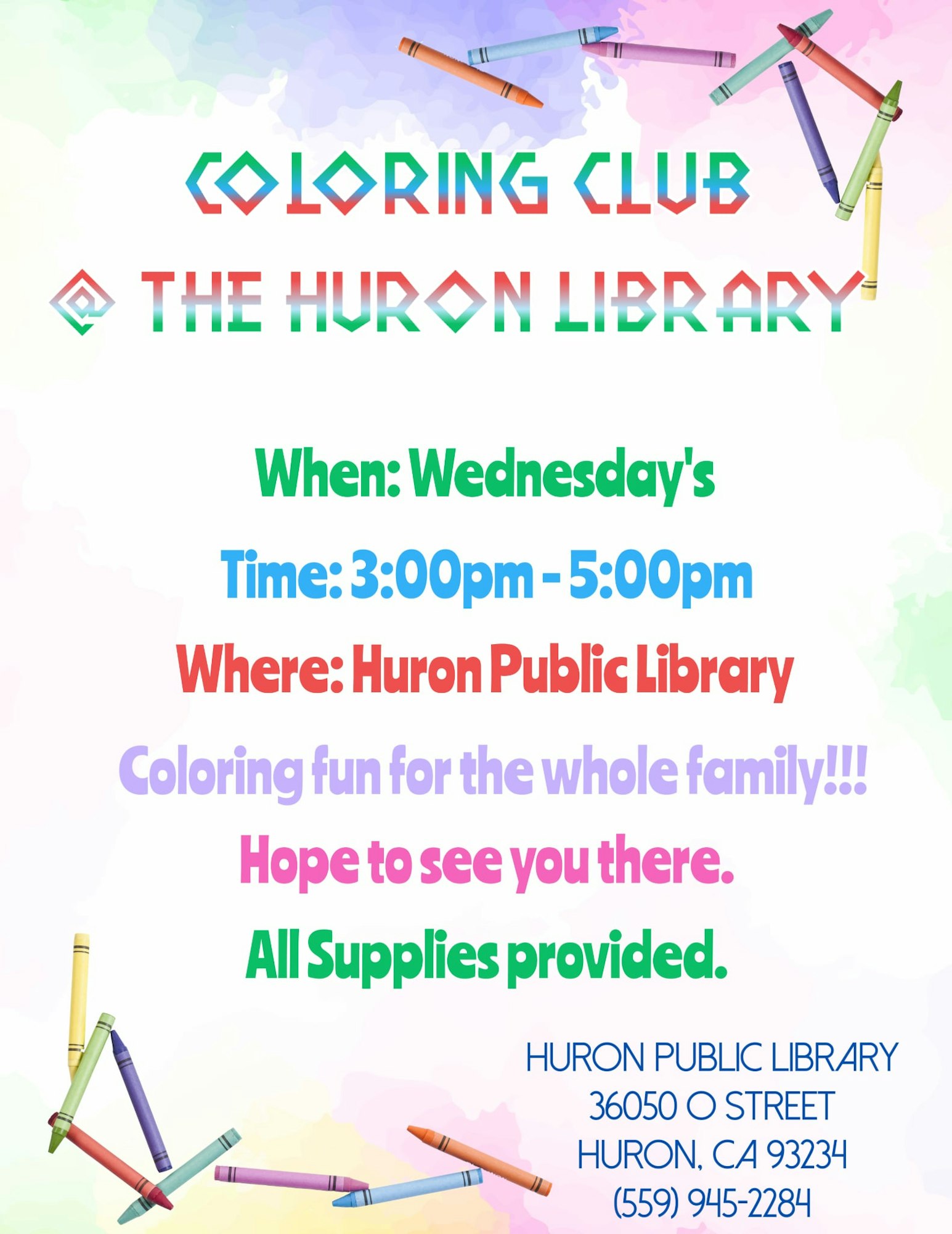 Coloring Club at Huron Library, Wednesdays 3-5pm. Family fun, all supplies provided! Huron Public Library, CA.