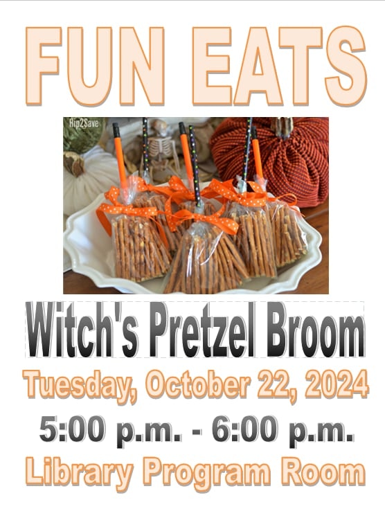 Halloween-themed pretzel "broom" snacks on a plate with festive decorations and event details for October 22, 2024.