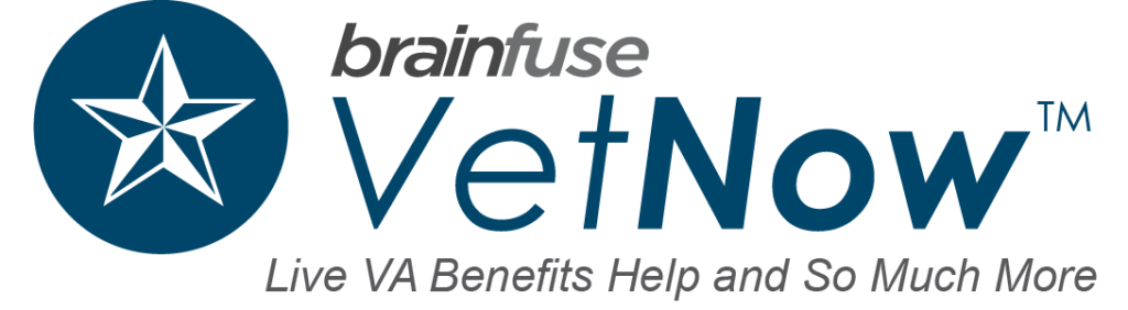 The image is a logo for "Brainfuse VetNow", offering live VA benefits help and more.