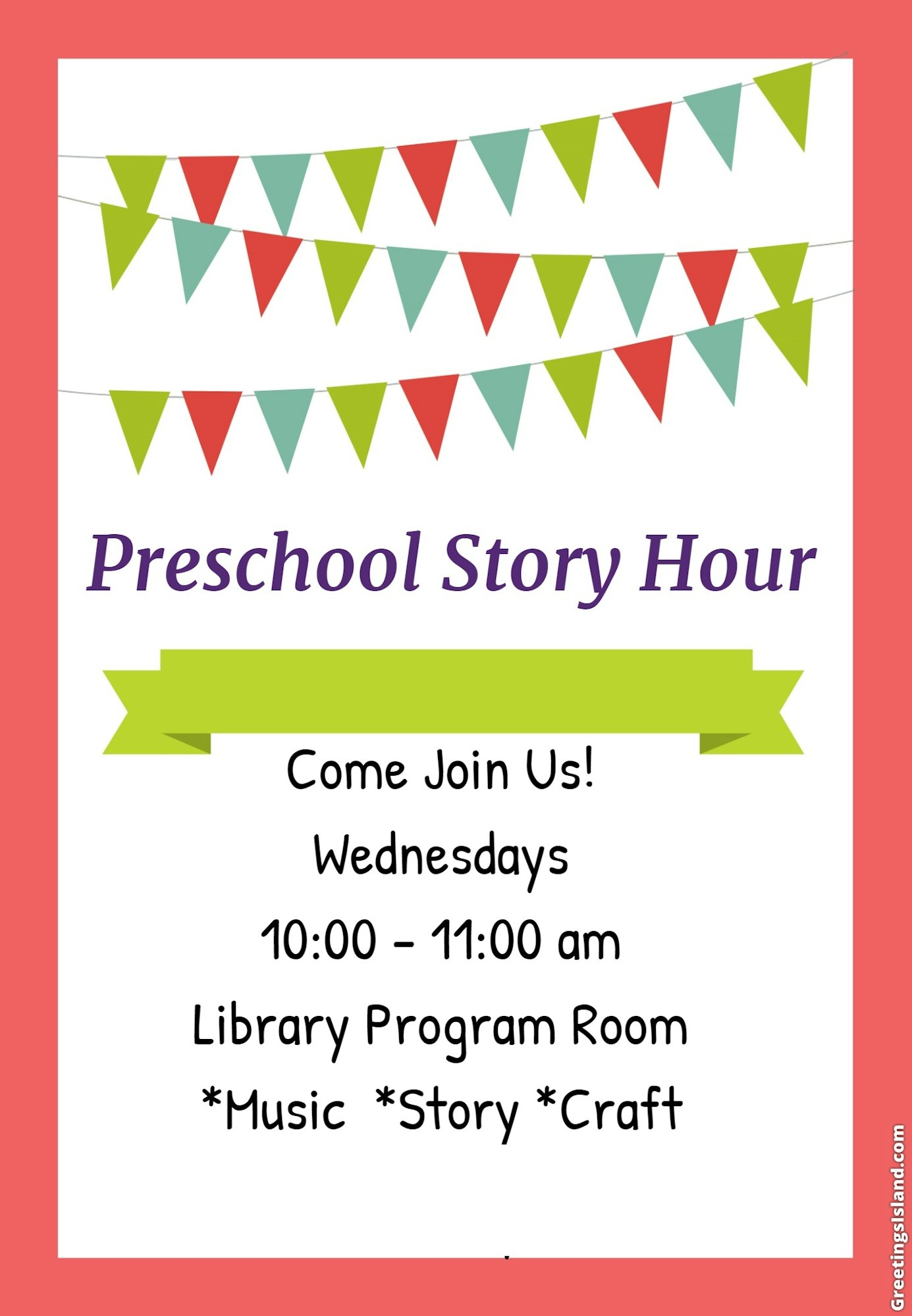 "Preschool Story Hour" flyer. Wednesdays, 10-11 am. Library Program Room with music, story, and craft activities.