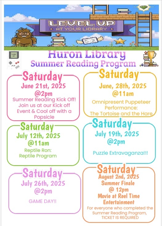 Summer reading program schedule at Huron Library with events from June 21 to August 2, 2025, including performances and activities.