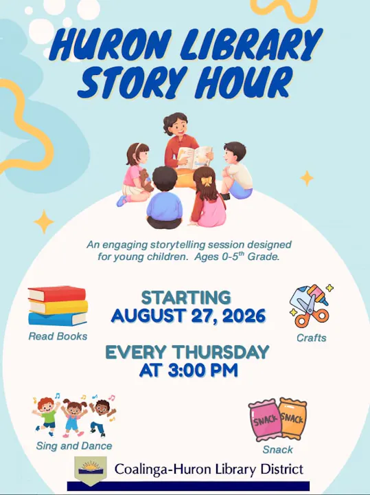 Huron Library Story Hour for kids (ages 0-5) starts Aug 27, 2026, every Thursday at 3 PM. Includes books, crafts, snacks, and activities.