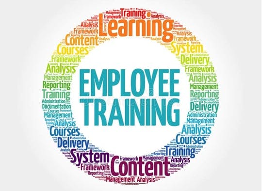 The image features a circular word cloud focused on "Employee Training," highlighting key themes like Learning, Content, and Delivery.