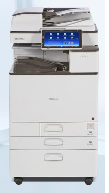 A modern office multifunction printer with touch screen interface and paper trays.