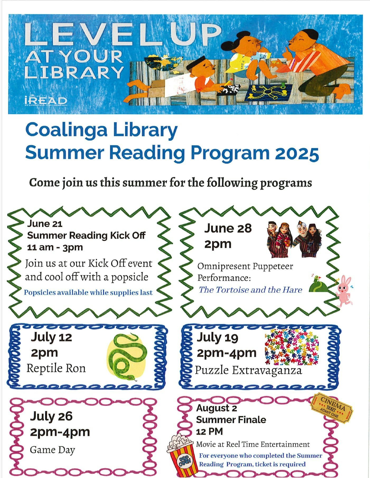 Coalinga Library's 2025 summer reading program schedule with events from June 21 to August 2.