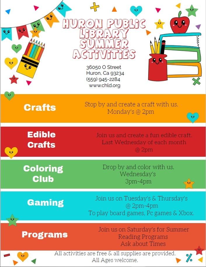 Huron Public Library's summer activities: crafts, edible crafts, coloring, and gaming. All ages welcome, free supplies.
