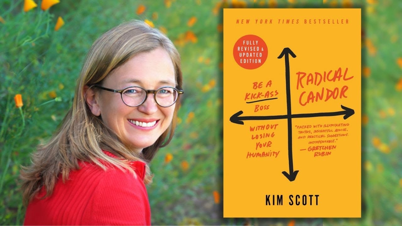 A smiling person with glasses on the left; a book cover titled "Radical Candor" by Kim Scott on the right.
