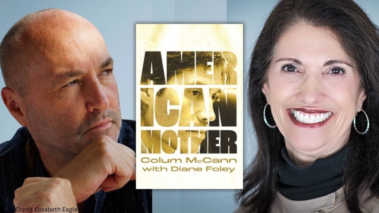 An image showing a man and a woman flanking a book titled "Apeirogon" by Colum McCann with Diane Foley.