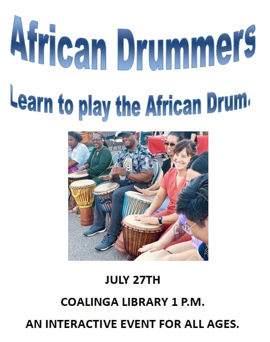 A poster for an African drumming event at Coalinga Library, with people playing drums, smiling.