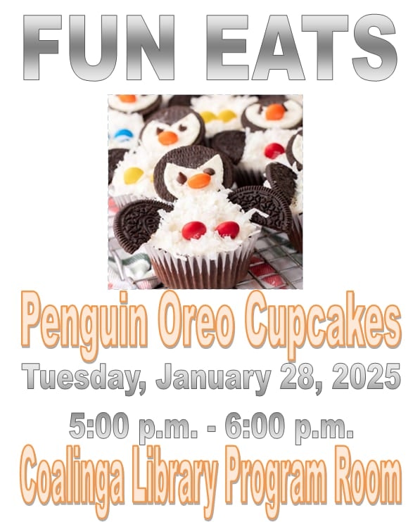 Event for Penguin Oreo Cupcakes at Coalinga Library on January 28, 2025, from 5:00 p.m. to 6:00 p.m.