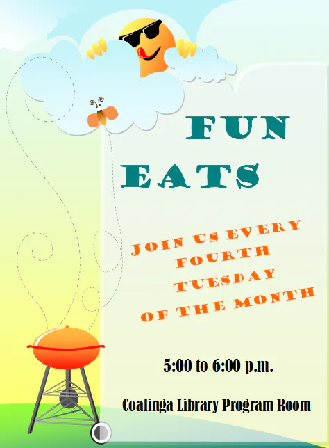Colorful flyer titled "FUN EATS" with a smiling sun, a barbecue grill, and event details for a recurring monthly gathering.