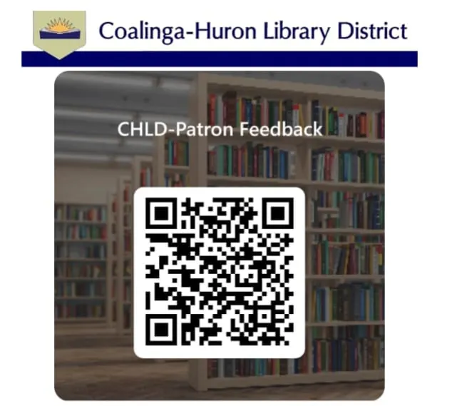 It's a feedback form for the Coalinga-Huron Library District, including a QR code and a background of bookshelves.