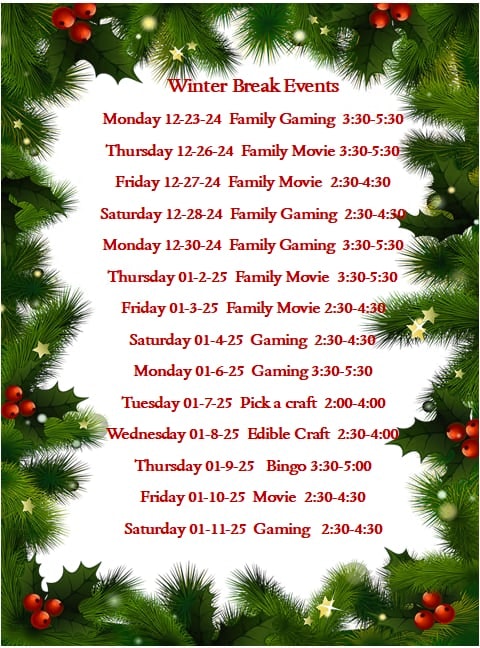 Holiday-themed schedule of winter break events including gaming, movies, crafting, and bingo from December 23 to January 11.