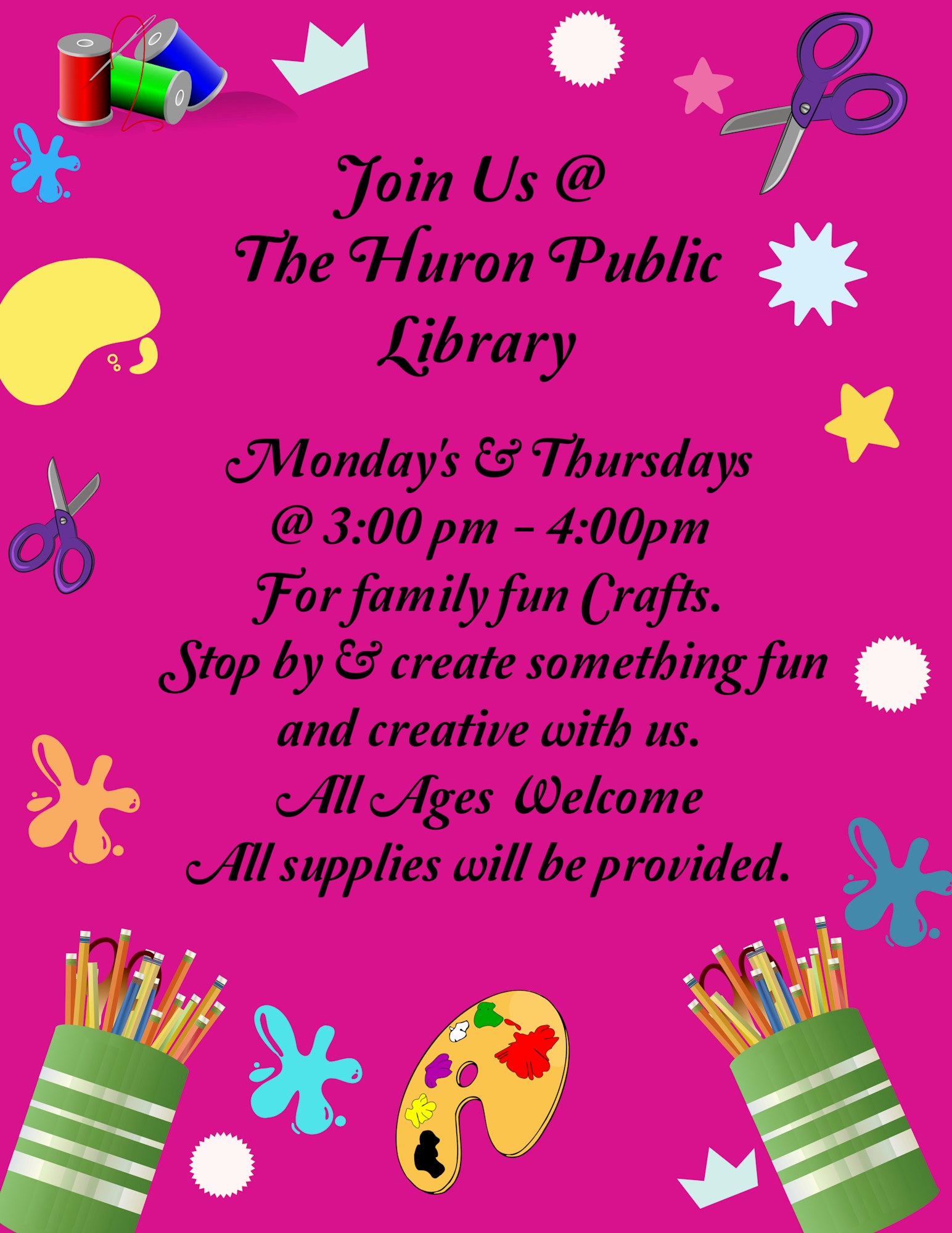 Join us for family crafts at Huron Public Library, Mondays & Thursdays, 3-4 PM. All ages welcome. Supplies provided!