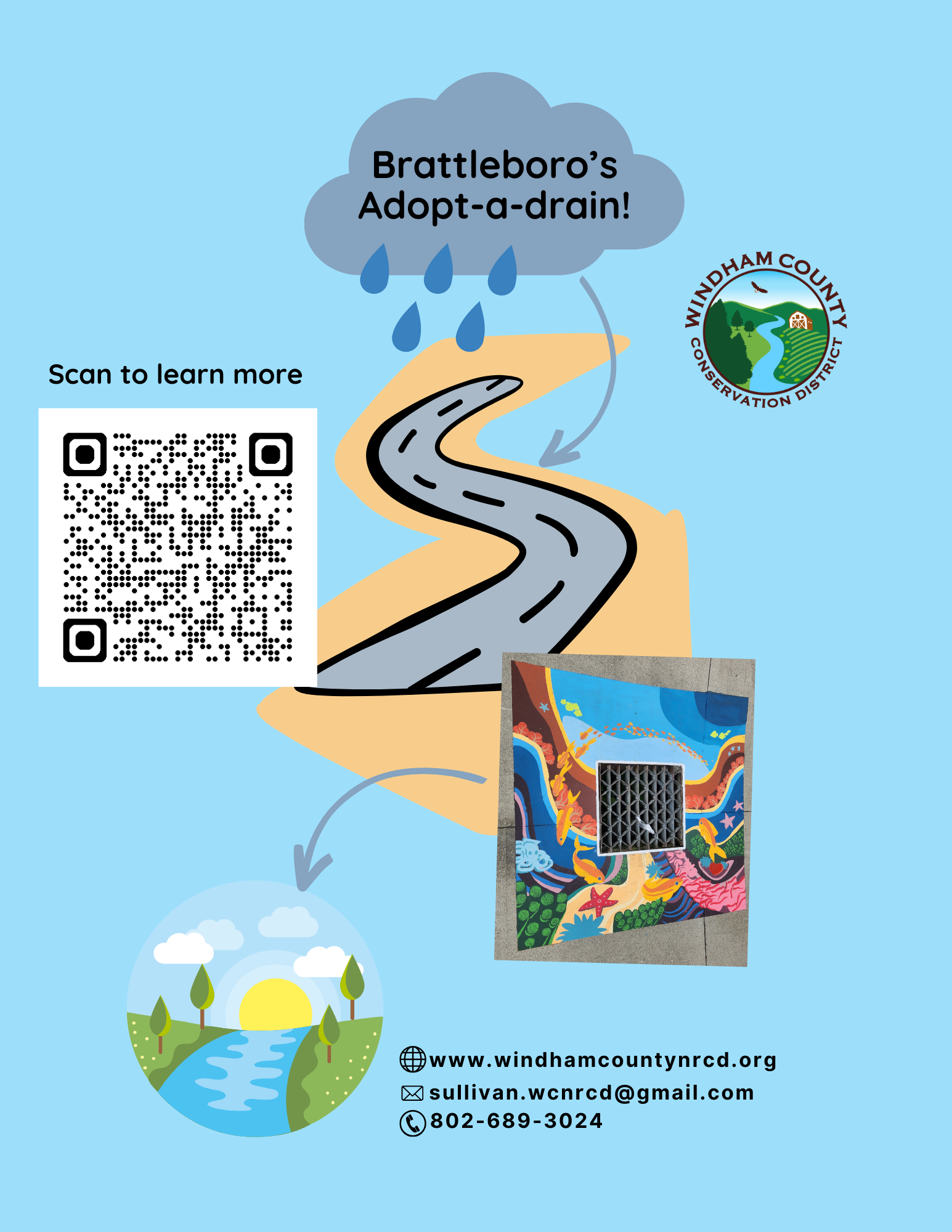 Flyer for "Brattleboro's Adopt-a-drain" by Windham County Conservation District with a QR code and contact info.