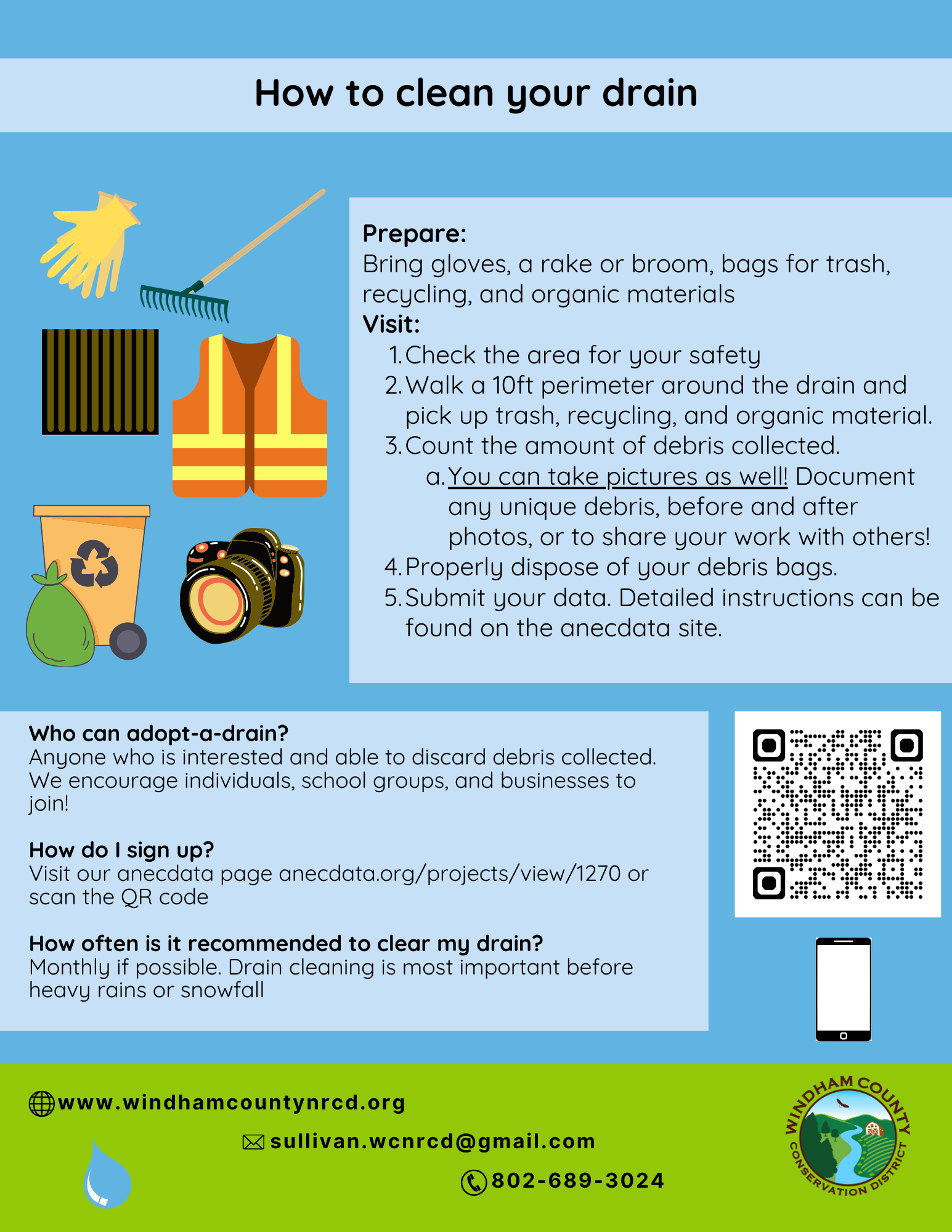 Guide to cleaning drains with preparation steps, contact info, and QR code for sign-up.