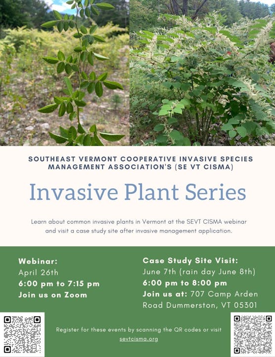 An informational poster about an Invasive Plant Series by Southeast Vermont Cooperative Invasive Species Management Association with event dates, QR code, and images of plants.