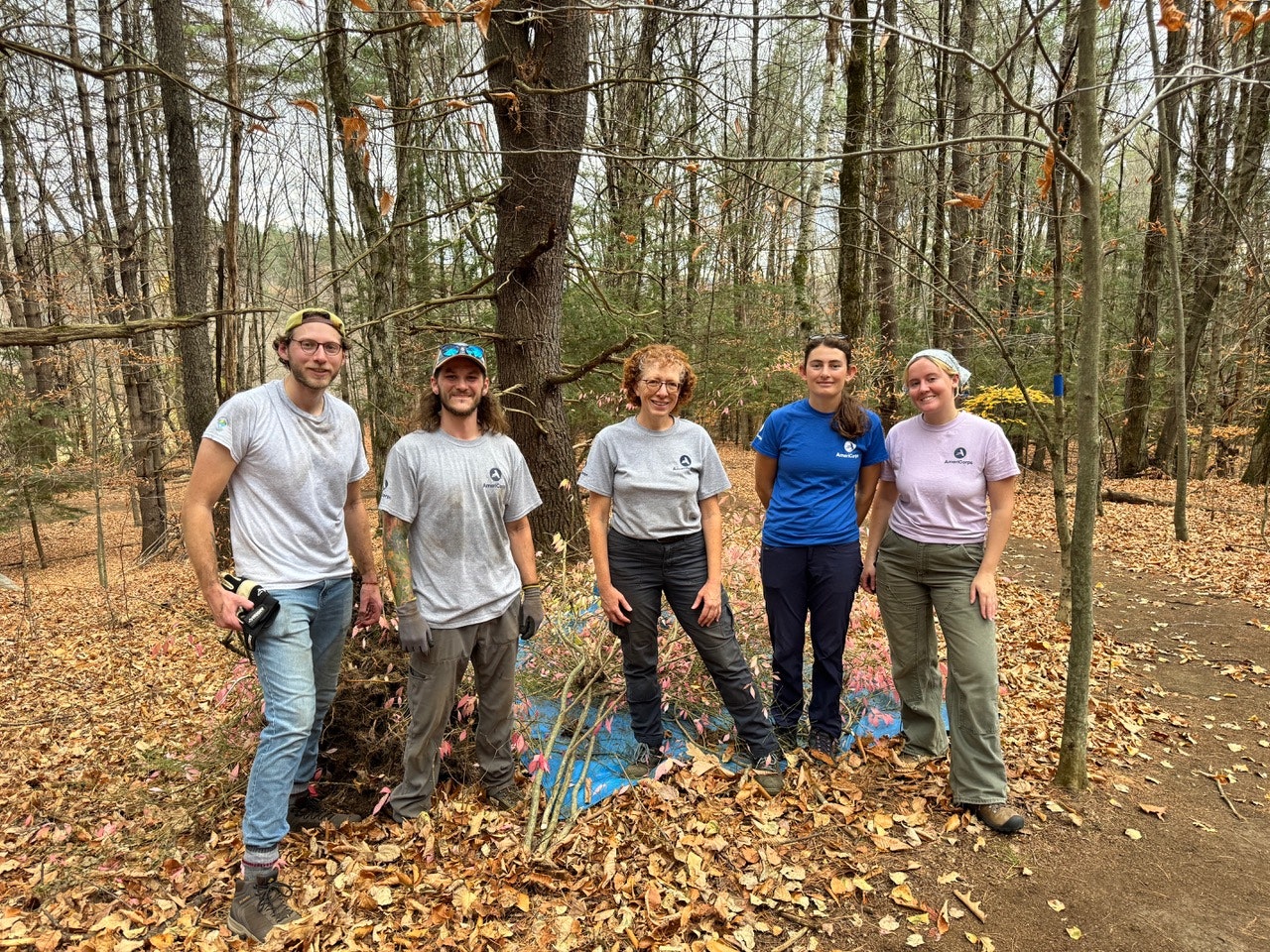 Group of happy people in a forest, possibly a team on a break from outdoor activity or work, surrounded by trees and leaf-covered ground.