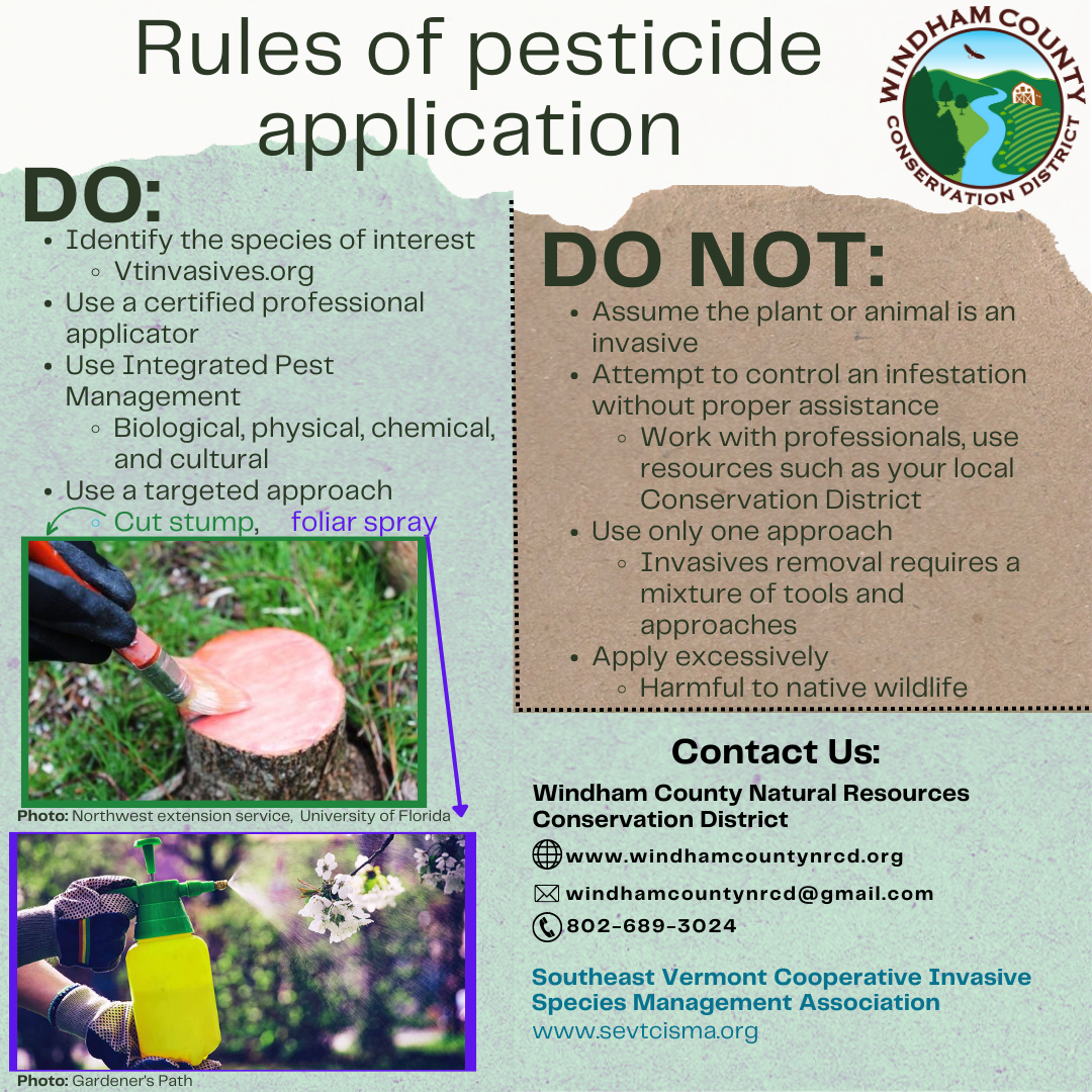 "Guidelines for pesticide use by Windham County Conservation: do's & don'ts of application. Contact info provided."