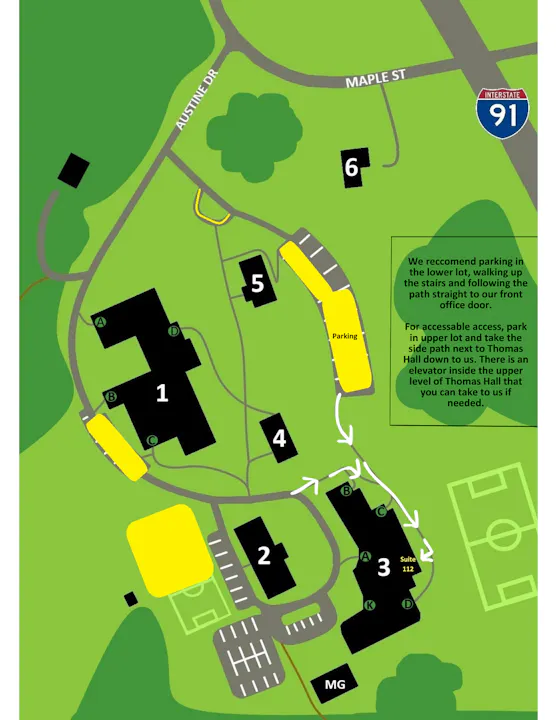 The image is a map showing parking areas and building locations with directions for accessible access to an office.