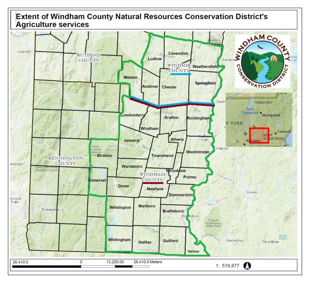 A map showing Windham County's natural resource conservation district in Vermont, USA, with surrounding areas and a legend.