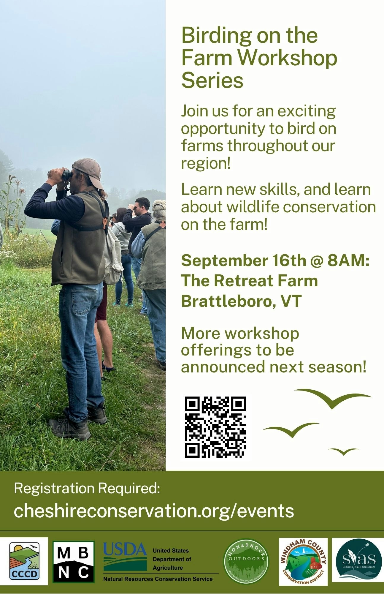Birding workshop at The Retreat Farm, Brattleboro, VT, on September 16th, 8AM. Registration at cheshireconservation.org/events.