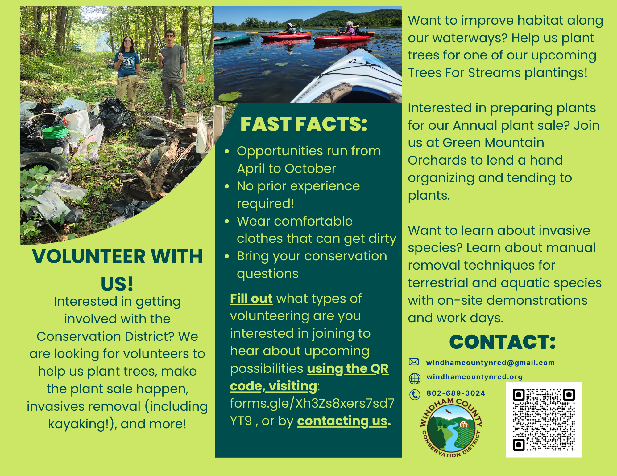 Volunteering opportunities for habitat improvement, plant sales, and invasive species removal. Contact info and QR code for more details.