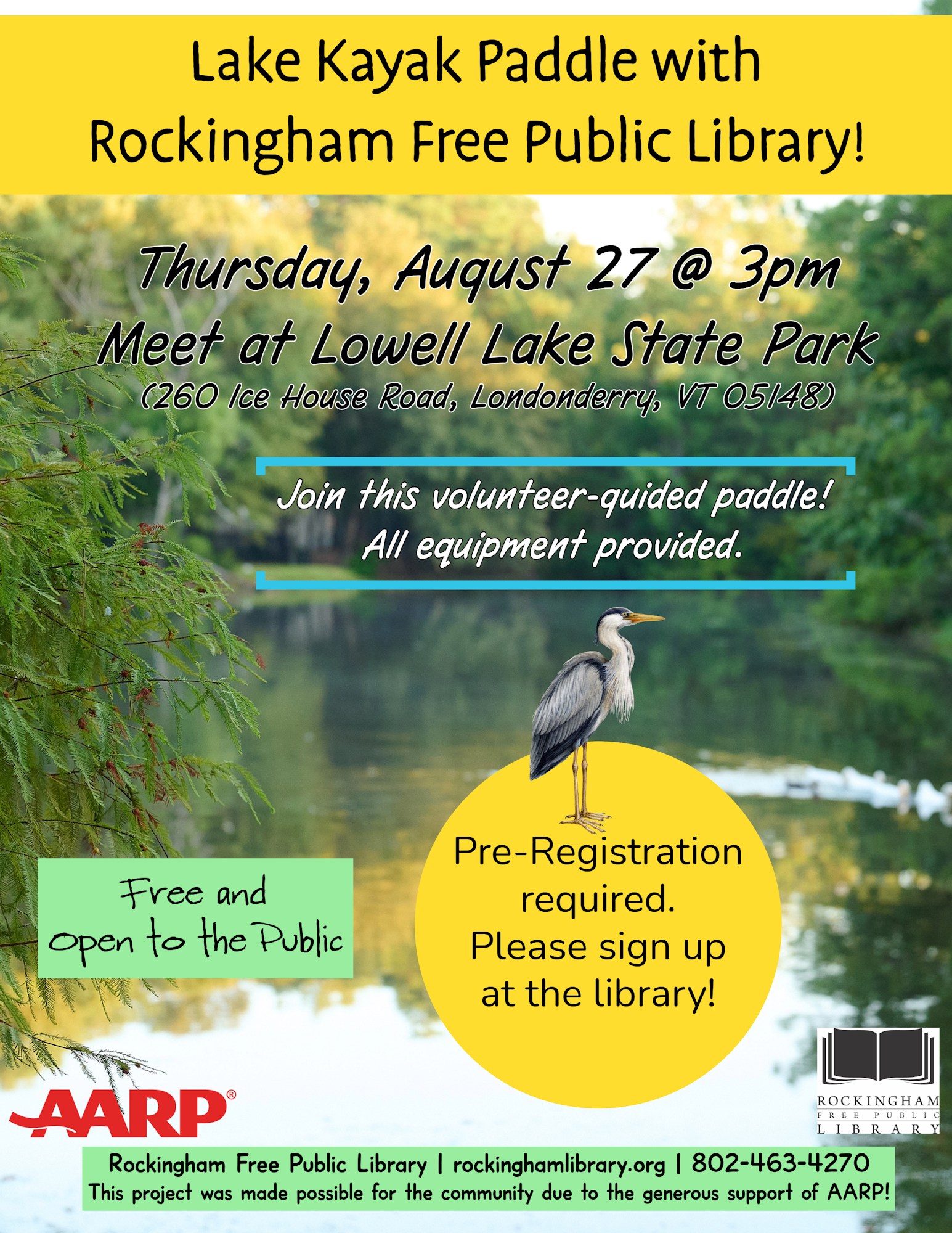 Join a free kayak paddle on August 27 at Lowell Lake State Park, organized by Rockingham Free Public Library. Pre-registration needed!