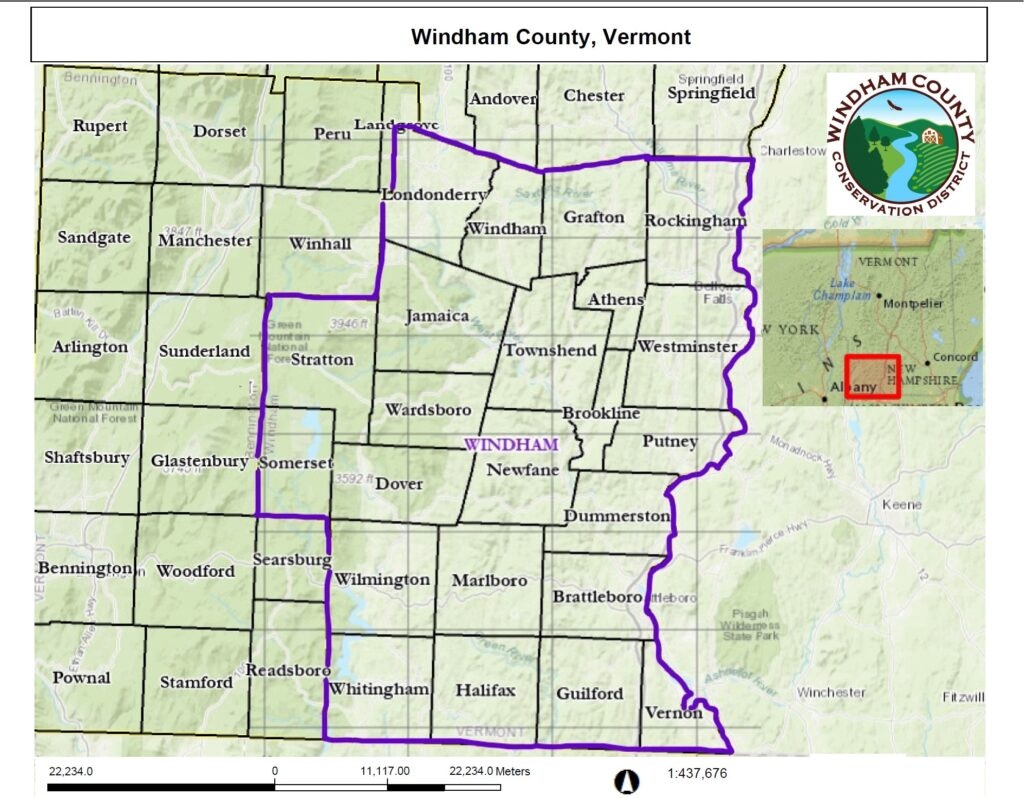 Map of Windham County, Vermont with town boundaries and a highlighted border.
