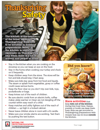 Thanksgiving kitchen safety tips with an image of two people cooking. Highlights safe practices and statistics from the National Fire Protection Association.