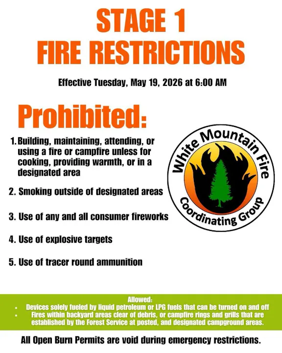 Stage 1 fire restrictions effective May 19, 2026, prohibit campfires, fireworks, smoking, and tracer ammo, with exceptions noted.