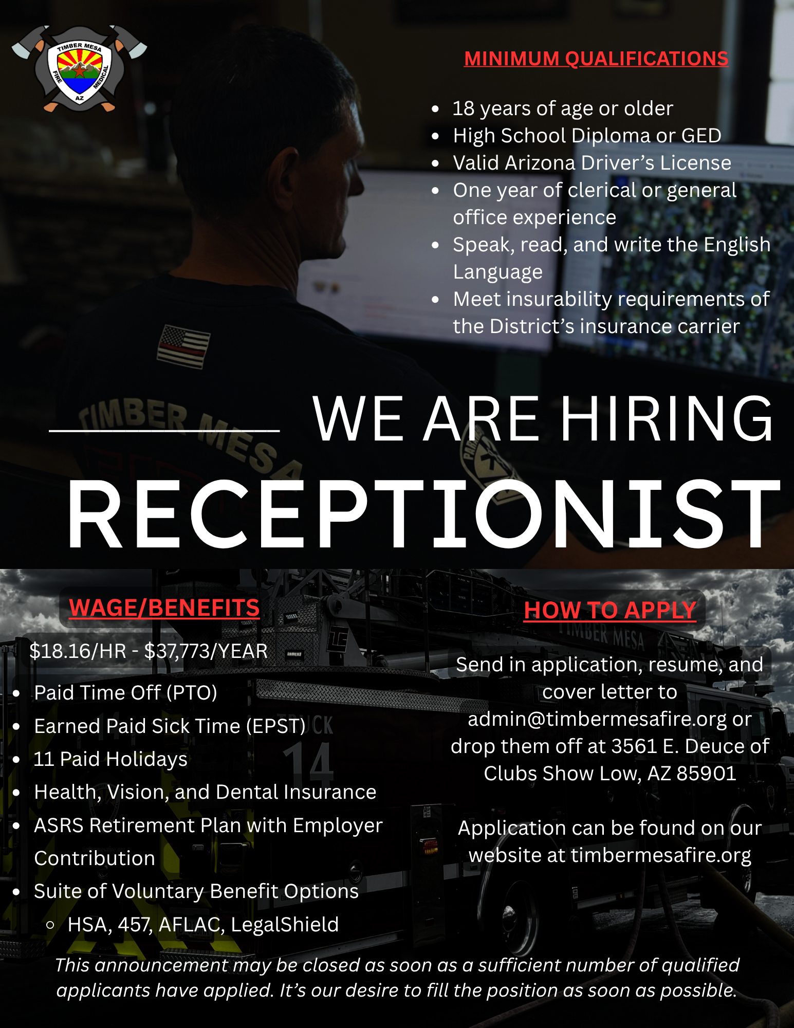 Job ad for a receptionist with qualifications, benefits, and application details for Timber Mesa Fire.