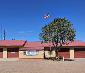 Fire station with a red roof, an American flag, and a tree in front.