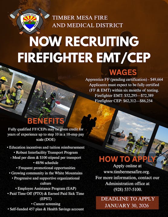Timber Mesa Fire is recruiting Firefighter EMT/CEP with competitive wages, benefits, and application info due by Jan 30, 2026.