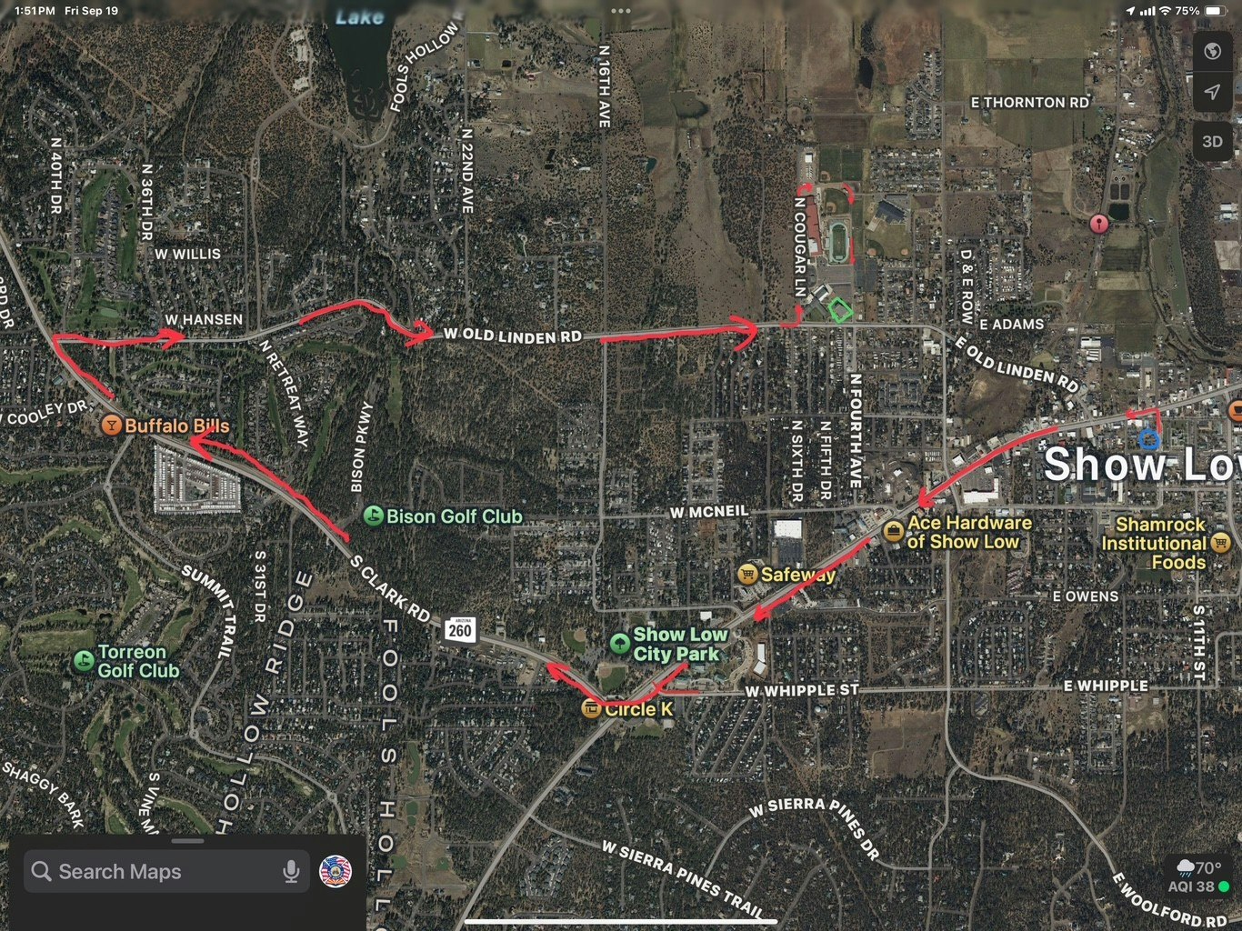 A satellite map showing a route in Show Low, passing by landmarks like Buffalo Bills, Circle K, and Bison Golf Club.