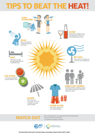 Infographic with tips to beat the heat: stay hydrated, avoid alcohol, seek shade, eat fresh, cool down, check on others, dress down.