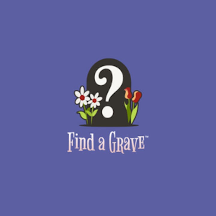Logo with a tombstone, question mark, flowers, and text "Find a Grave" on a purple background.