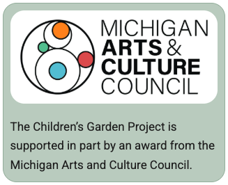 Logo of Michigan Arts & Culture Council; text about support for The Children's Garden Project from the council.