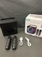 Karaoke machine set with two microphones, two USB cables, and a package box.